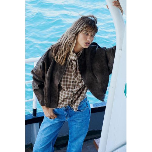 Balloon Fit Water-Repellent Suede-Look Faux Leather Polo Collar Jacket