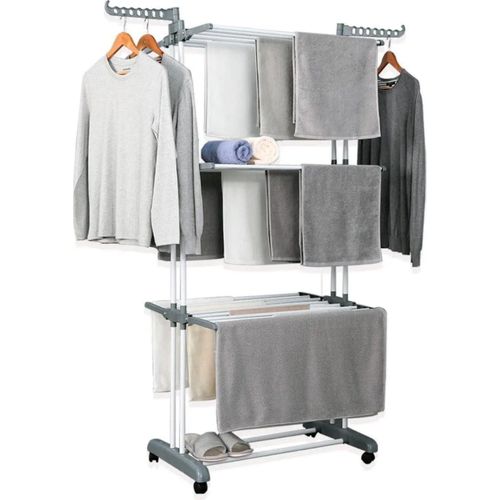 Clothes Drying Rack, 3-Tier Collapsible, Rolling, Stainless Laundry Dryer Hanger with Casters for Indoor (Gray)(Plastic)