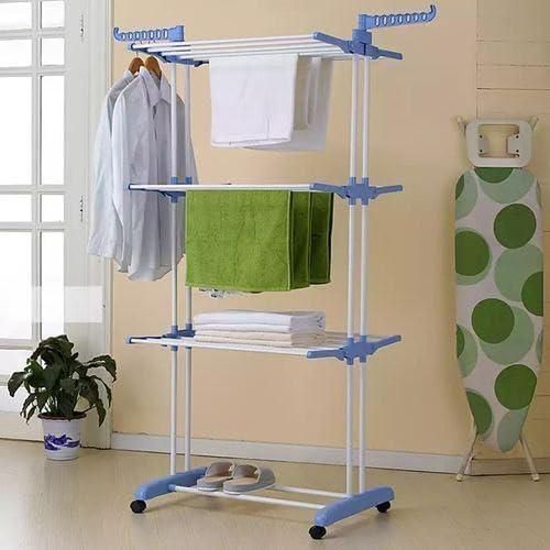 Large, adjustable, 3-tier foldable stainless steel clothes drying rack for indoor and outdoor use.