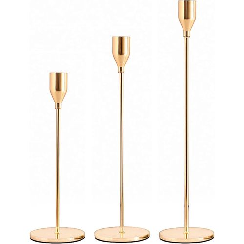 3-piece gold candle holder set, tall metal candle holder for taper candles, decorative centerpiece for parties, weddings, dinners, and living room. The holder fits 2cm thick candles and LED candles.