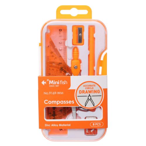 High Quality 8-Piece Compass Set Plastic and Metal Fluorescent School Supplies with Mechanical Pencil for