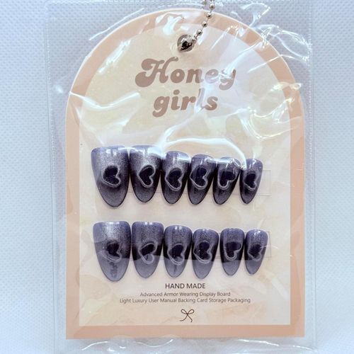 Cat Eye Effect Heart Press On Nails – Almond Shape Fake Nails with Magnetic Effect, Glossy Salon Finish, Multi Color Set (Red, Blue, Navy, White, Beige & Black) (Navy Blue)
