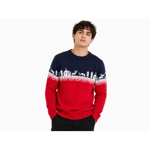 Men's wool sweater featuring various designs.