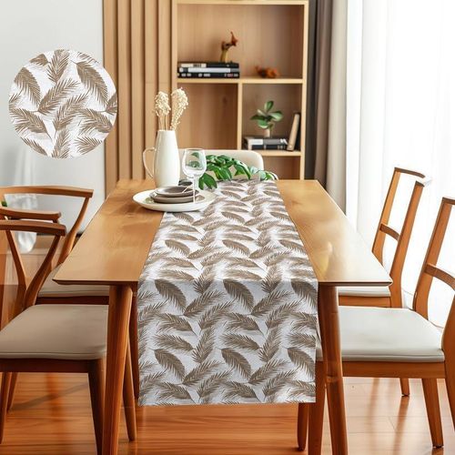 Linen Velvet Table Runner Bella Leaf Pattern Premium Soft Fabric 45W190L CM Brown Elegant Dining and Living Room Decor Luxurious Protection for Daily Use and Special Occasions