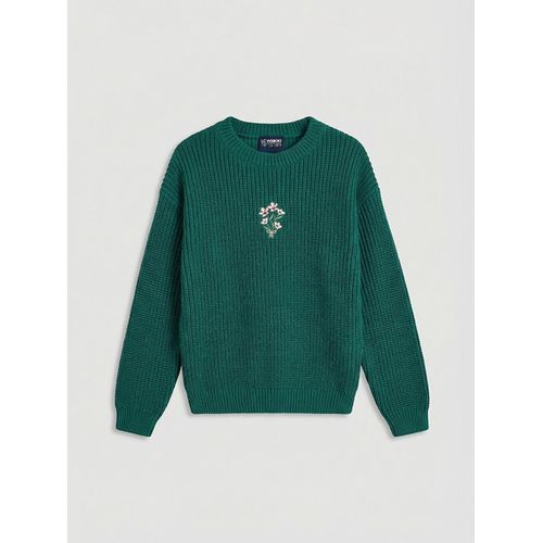 Embroidered Crew Neck Knit Sweater For Girls