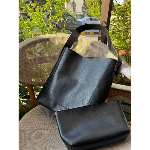 Chic Faux Leather Women's Handbag and Crossbody Bag - Black