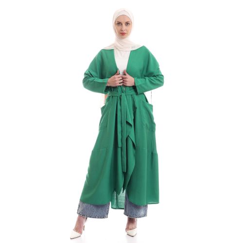 Women’s Oversized Long Cardigan with Belt – Spanish Linen – Green