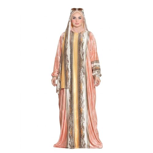 Long Women's Abaya with Printed Design and Wide Sleeves in Pink Gold Color, Suitable for Formal & Daily Occasions