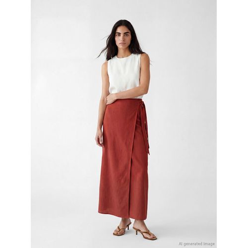 Women's Linen Blend Slit Skirt With Waist Tie