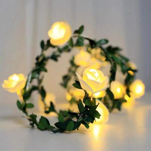 10 LED Rose String Lights with Green Leaves, 2 Meter Length, Warm White Flower Fairy Lights, Battery-Powered Decorative Lights for Wall, Room, Window, Weddings, Birthday Party, Festival Décor