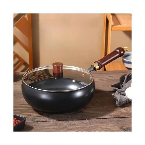 28cm Deep Wok Pan with Pyrex Glass Lid – Black Steel Cooking Pan