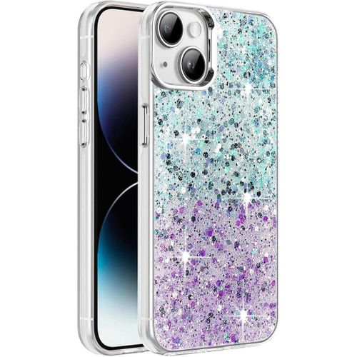 Compatible with iPhone 14 plus Case/iPhone 15 plus Case, Clear Glitter Bling Sparkly, Soft TPU Frame Bumper, Hard-Back Cover for Women & Girls, Transparent Protective (Green Purple)
