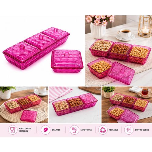 3-Compartment Snack Serving Tray with Individual Lids - Multi-Purpose Dry Fruit, Nut & Candy Organizer