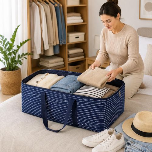 XL Storage Bag With Zipper Foldable Waterproof Dustproof Clothes Blanket Quilt Organizer Large Capacity Bedding Comforter Storage Container Under Bed Closet 60-40-20 Cm 48L Blue