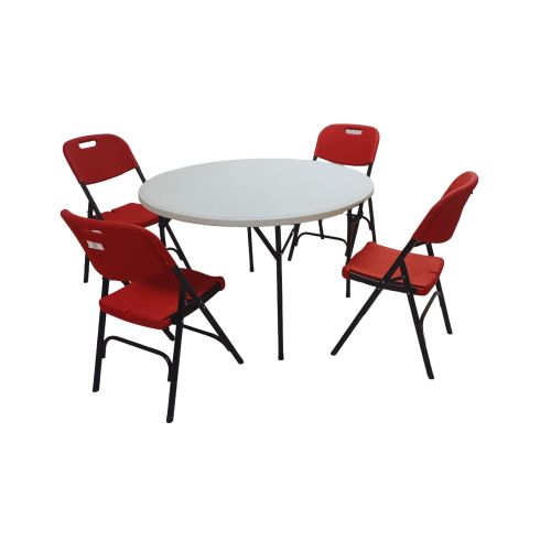 طقم أثاث فاخر قابل للطي من سن بووت مكون من 5 قطع - طاولة دائرية بقطر 120 سم و4 كراسي حمراء
