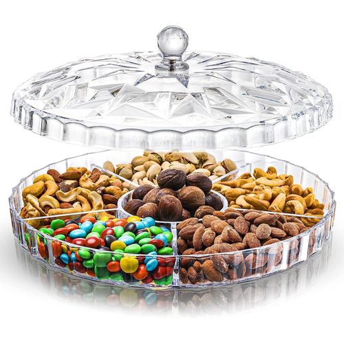 Round acrylic serving tray with 6 storage compartments and a lid for snacks, appetizers, food storage, fruits, dried fruits, and other fruits - 30.4 cm