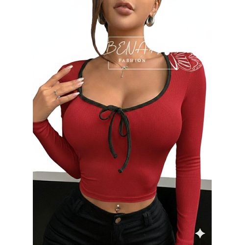 Women's Ribbed Cotton Crew Neck Bow long Sleeve T-Shirt - red- with black stripe