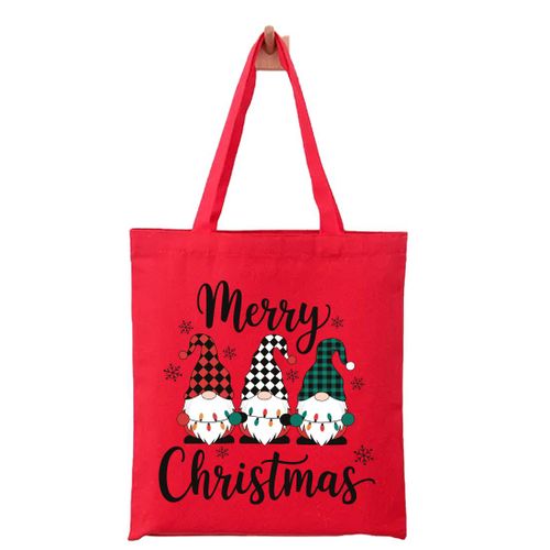 Red Christmas tote bag Beige High quality 100% linen handbag with distinctive design and shapes, multi-use (travel/lecture/club/work) Merry Christmas with 3 Gnomes