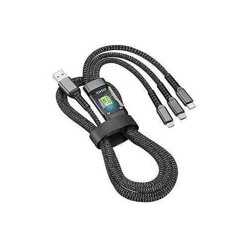 3-in-1 USB Charging Cable with LED Display – Fast Charging Braided Cord with USB-A to 3x (Type-C,Micro, IOS) Smart Power Display, 100W Output for Phones, Tablets, and More (1M)