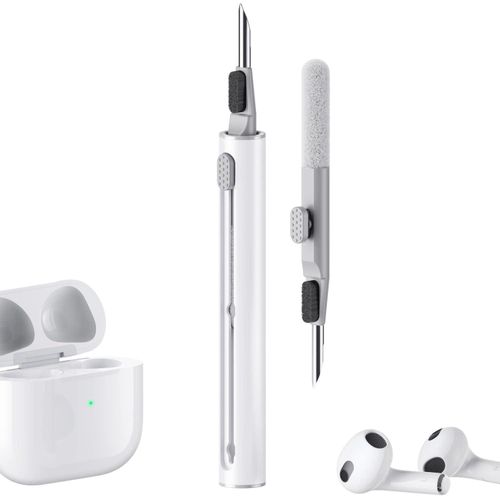 طقم تنظيف تين تك لسماعات AirPods Pro 1 و2 و3، قلم تنظيف متعدد الوظائف مع فرشاة ناعمة وإسفنجة مخملية، أدوات تنظيف علبة سماعات البلوتوث، متوافق مع سماعات سامسونج وسوني بيتس وبوز، لون أبيض