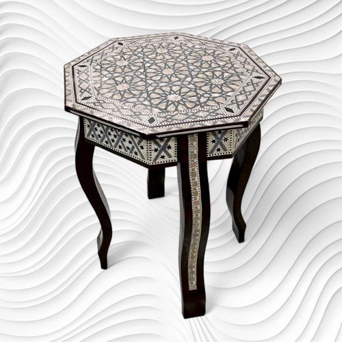 W155 Handmade Wooden Table – Khan El Khalili Style, Brown Octagonal Design in Arabic Oriental Style, crafted from high-quality wood and beautifully inlaid with mother-of-pearl for a unique, elegant finish.