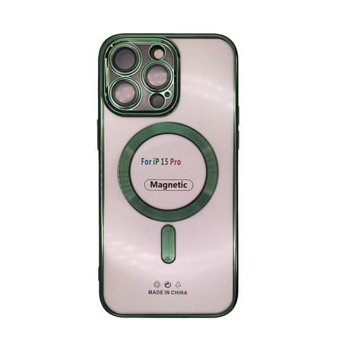 for iPhone 15 Pro Magnetic Clear Case, Compatible with MagSafe, Built-in Camera Lens Protector, Luxury Plating Soft TPU Shockproof Slim Thin Fit Back Cover iPhone 15 Pro 6.1'' - Green