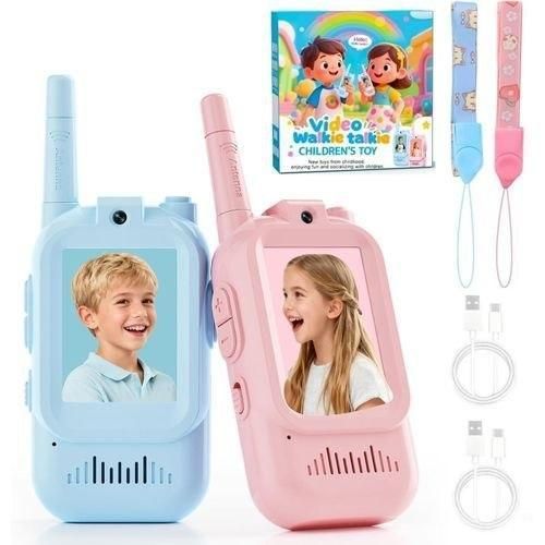 Rechargeable kids' walkie-talkie featuring a screen, camera, and voice-changing function. Communicate via audio and video using a high-quality camera and built-in memory for saving photos.