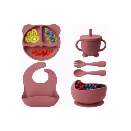 5-Piece BPA-Free Silicone Baby Feeding Set with Divided Plate, Bib and Lidded Cup – Burgundy