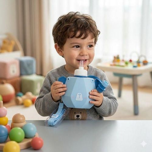 Baby learning bottle made of food-grade silicone with handles and strap - 6 months and older