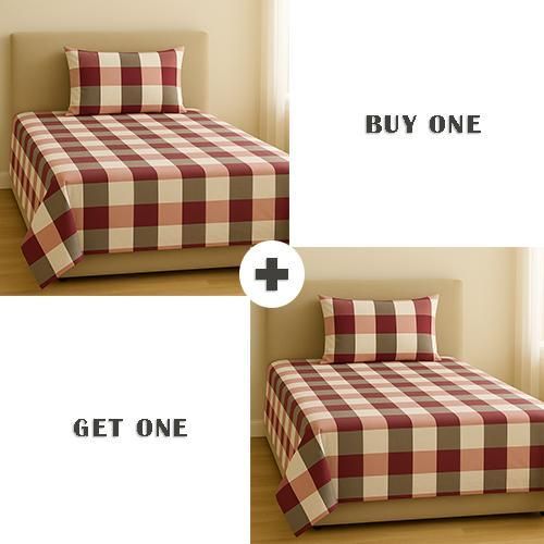 Buy one get one, Bed sheet set single size, set 4pcs 160*235 cm, caro pink design