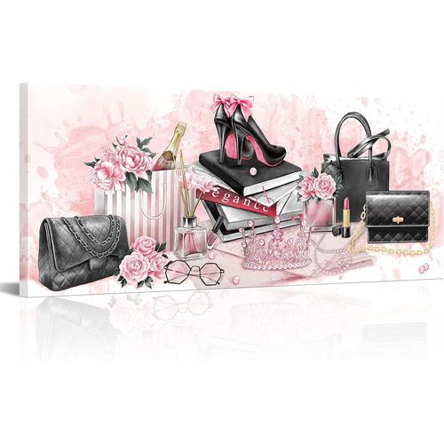 Kalormore Pink Fashion Accessories for Woman Picture Poster High Heel Shoes Pearl Crown Handbag Perfume Canvas Prints Large 48x20 Artwork for Girl Bedroom Makeup Room Wall Decoration