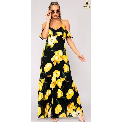 An elegant sleeveless women maxi dress made of black chiffon fabric with a large yellow floral pattern