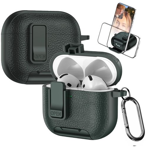 for Apple AirPods 3 Leather Case with Secure Lock Clip, Support Wireless Charge, Stand and Charging Port Dustproof Design with Carabiner for AirPods 3 - Green
