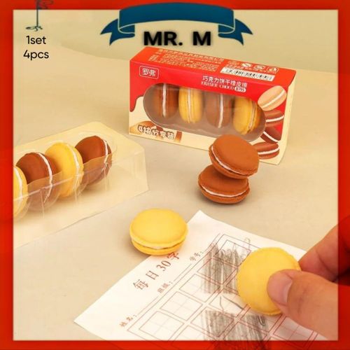 Cookie Erasers for Kids, 4 Pieces 3D Cute Food Puzzle Mini Chocolate Macaron Cool Fun Take Apart Desk Pet Erasers for Kids.