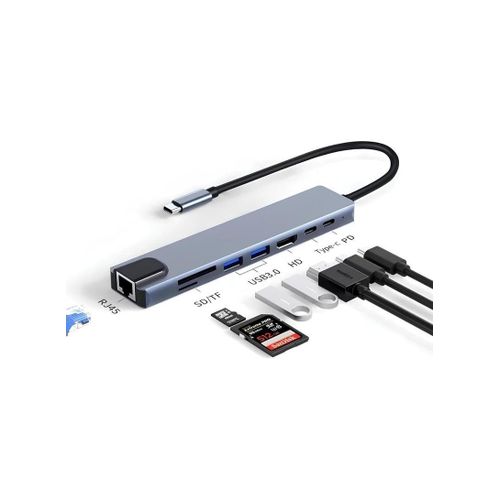 Zero 8-in-1 Type-C to HDTV Electronic Adapter with TJ45 TFSD Reader 2 USB Ports and Type C PD Compatible with PC Phones and Tablets 4K Resolution