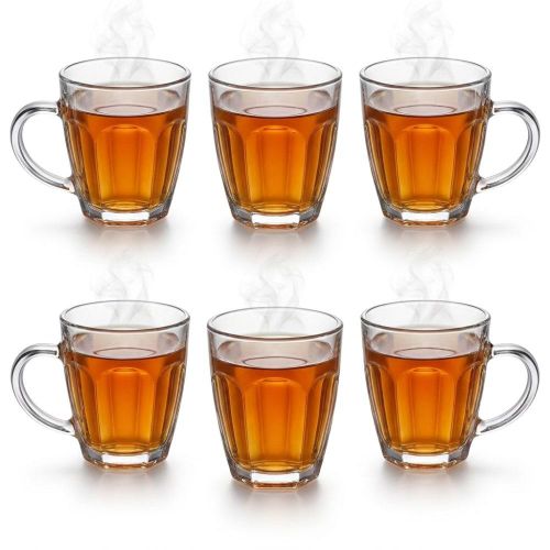 Set of 6 Heat Resistant Glass Mugs, Classic Ribbed Design, Comfortable Handle, for Hot Drinks Coffee and Tea