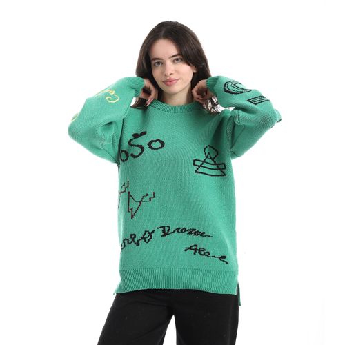 Women's wool pullover with a circular print and patterns