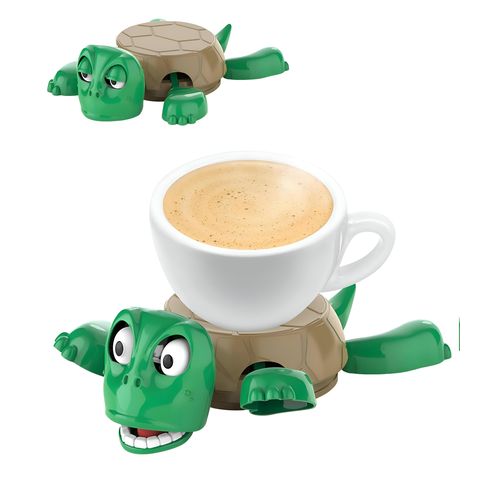 Turtle Cupholder - A funny turtle-design mug base with liftable limbs and an expressive face in a vivid green finish engineered to cradle cups securely resist spills and spark joy on every desk