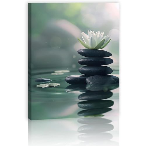 Typruye Green Lotus Flower Zen Wall Art Flowers and Stones Spa Pictures Blooming Botanical Poster Print for Bathroom Bedroom Yoga Meditation Room Framed 16x12