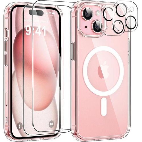 Magnetic iPhone 15 case with two tempered glass screen protectors and two camera protection panels, MagSafe compatible, scratch-resistant and shockproof TPU back cover for 6.1-inch iPhone 15 - Clear