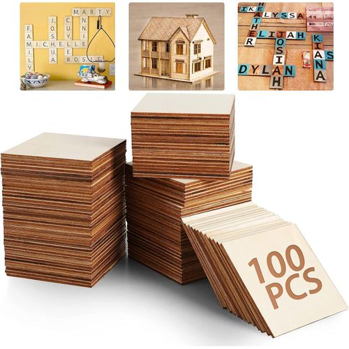 Unfinished Wood Board - 100Pcs 3 x 3in Blank Natural Slices Wood Square for DIY Crafts Painting Scrabble Tiles Coasters Pyrography Decorations