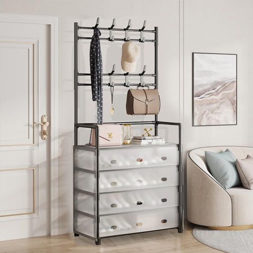 Shoes Rack, 5 Tier Entryway Coat Rack, Shoe Organizer Shelf, Metal Coat Hat Rack with 8 Double Hooks, Shoe Bench Storage Organizer for Bedroom Hallway Office Dorm (77x35x168cm, Black)