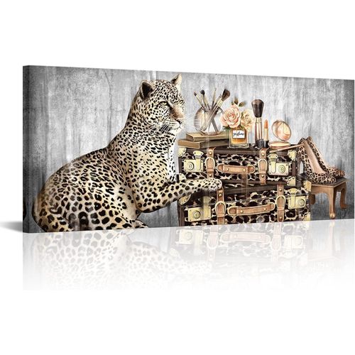Kalormore Leopard Fashion Picture Poster Vintage Makeup Accessories Bags High Heel Shoes Glam Poster Canvas Prints Wrapped on Wood Frame for Woman Girl Bedroom Beauty Salon Makeup Room Wall Decor