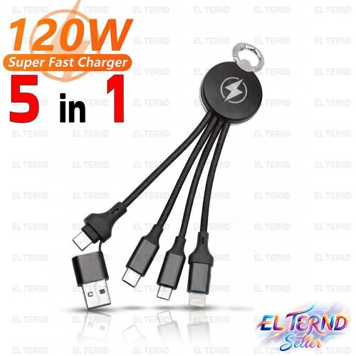 Keychain 5-in-1 Charging and Data Cable – Supports 120W Fast Charging, Compatible with All Phones (Micro, iPhone, Type-C) By EL-TERND - Black