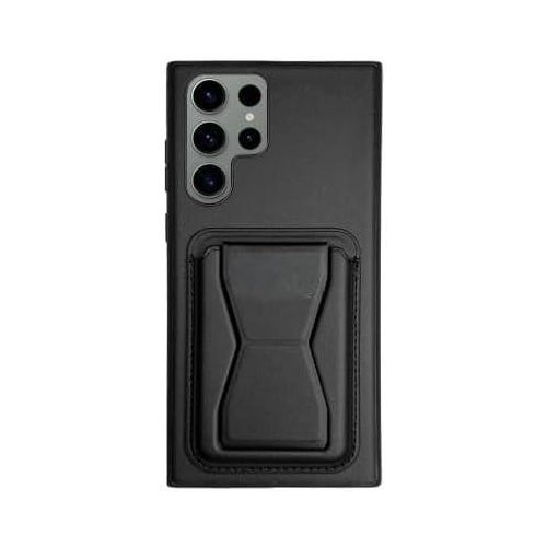 Shockproof leather back cover compatible with Samsung S25 Ultra with a small faux leather stand for a stylish look and comfortable grip from 3M Store Black