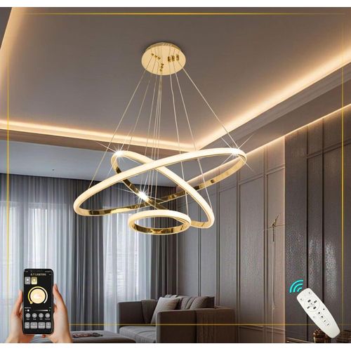 LED Crystal Chandelier, 3 Ring Chandelier, Gold Color Dimmable with Remote Control and Phone APP, for Living Room