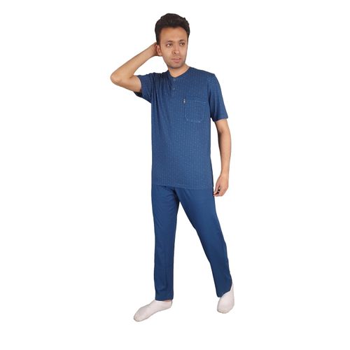 Men Summer Pajama Set Printed Top & Plain Bottom - Blue