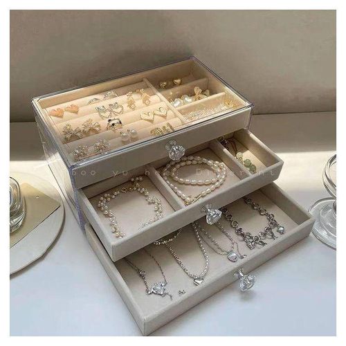 The new acrylic accessory organizer consists of a 3-drawer unit with wide velvet interior dividers.