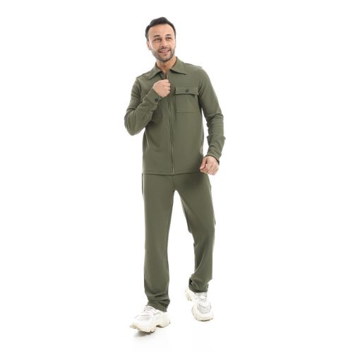 Olive Zipper Closure Elastic Waist Plain Pants Set