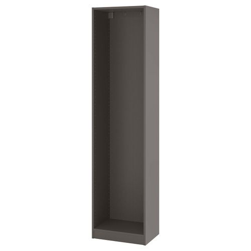 Wardrobe frame A grey PAX wardrobe frame. Its tall, slim, and designed for easy assembly. The design is minimalist with a foldable construction.